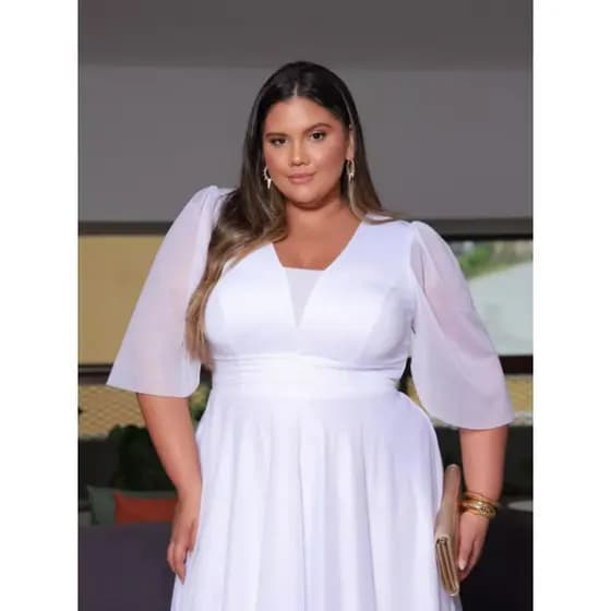 Vestido De Festa longo Plus Size C/ Manga Tule Elegante Renascer