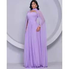 Vestido Longo De Festa Com Alcinha Sem Abertura com Capa Fluida Cintura Drapeada e Busto Plissado