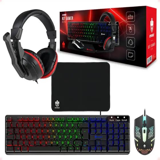 KIT GAMER PRETO COM TECLADO MEMBRANA, MOUSE 1600 DE DPI, HEADSET E MOUSEPAD EG-54 STARTER EVOLUT