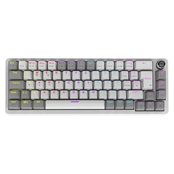 TECLADO MECANICO CINZA E BRANCO 65% PCYES MECKA WHITE GHOST SWITCH BLUE RAINBOW COM FIO