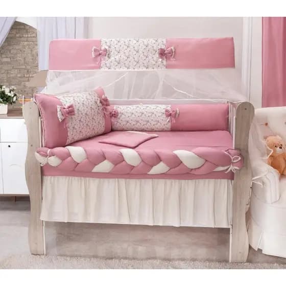 Protetor de berço americano Floral Rosê com trança + saia - enxoval menina