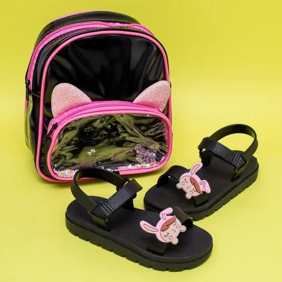 Kit Sandália Papete E Mochila Escolar Infantil Menina Casual Conforto Calçado Passeio Dia a Dia