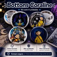 Kit 4 Botton Pin Broche Coraline | Colecionável Geek Presente Filme Animação Charm Babuche Croc