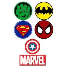 Kit 5 Bottons Marvel DC Vingadores Homem-Aranha Homem de Ferro Justiceiro Broche Pin  Bolsa Mochila