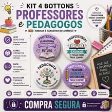 Kit 4 Bottons Professores Pedagogia Pedagogo Broche Pin Boton Button Bolsa Mochila Escola Diretoria