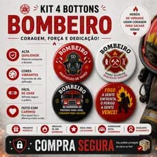 Kit 4 Bottons Bombeiro Profissão Broche Button Pin Escolar Mochila Bolsa Presente civil brigadista