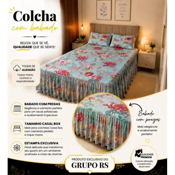 Kit Colcha Cobre Leito Casal Box com babado Franzido Em Pregas 2,40m x 2,50m Micro percal C/ 3 Peças  Toque De Algodão