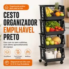 Organizador Multiuso Cesto de Plástico c/ Rodinhas 2, 3, 4, 5 ou 6 andares EmpilháveI  Preto
