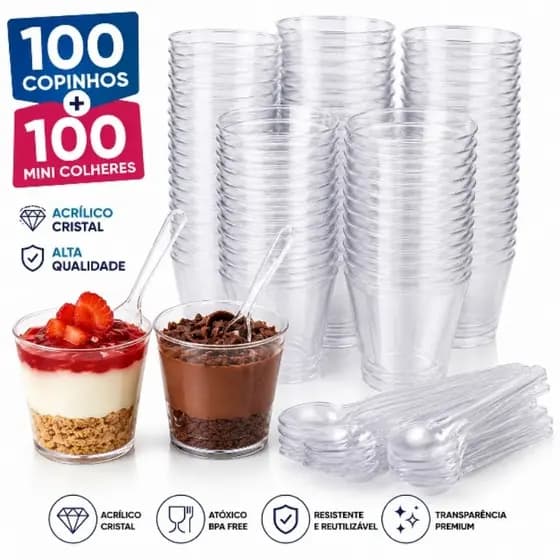 Kit 100 copinho 25ml Brigadeiro Acrilico + 100 Mini Colher