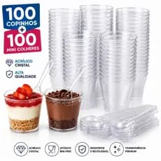Kit 100 copinho 25ml Brigadeiro Acrilico + 100 Mini Colher