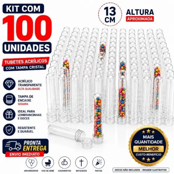 Kit 100 Tubetes Acrílicos 13cm Transparente Tampa Cristal para Lembrancinhas Festa