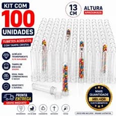 Kit 100 Tubetes Acrílicos 13cm Transparente Tampa Cristal para Lembrancinhas Festa