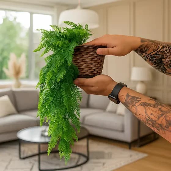 Planta Decorativa: Vasos Trançado Marrom + Pendentes Artificial Folhas De Samambaias