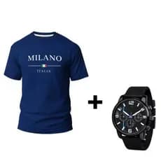 Kit Presente Masculino Camiseta Milano + Relógio De Ponteiro camisa 100%algodão PREMIUM Envio Imediato Super Oferta