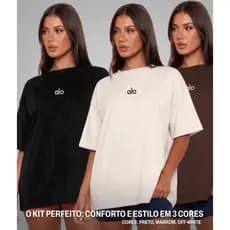 Kit 3 Camisetas Oversized Feminina Yoga Academia Fitness Treino Tendencia Larga Ampla Grande Confortável Blusa Camisa