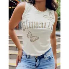 Regata feminino com estampa de letras  cravejadas de strass 8038
