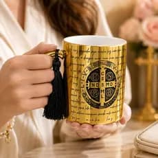 Caneca Dourada Metálica Oração de São Bento Católica Personalizada Presente Religioso