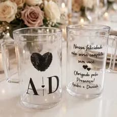 Caneca Incolor Personalizada 450ml Acrílica Casamento Lembrancinha Elegante Nome Data