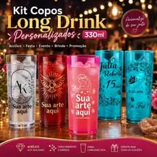 Kit Copos Long Drink Personalizados 330ml Acrílico Festa Evento Brinde Promoção
