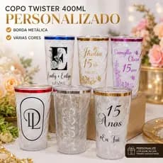 Kit Copos Twister 400ml Bordas Metalizadas Personalizados Aniversário Brinde Festa Casamento 15 Anos