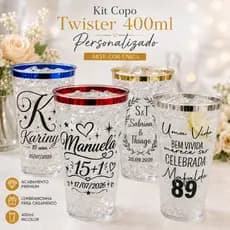 Kit Copo Twister 400ml Incolor Personalizado com Borda Metalizada para Aniversário Festa e Casamento