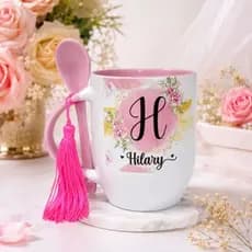 Caneca Porcelana Personalizada Nome Inicial Alfabeto Floral Xicara Colher Presente Feminino Chá Café