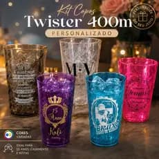 Kit Copos Twister 400ml Personalizado Cores Variadas - Cor Única Festa Aniversário 15 Anos Casamento e outros diversos