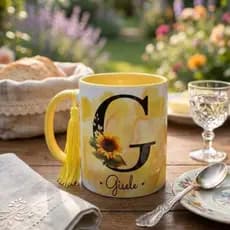 Caneca Xicara de Porcelana Alfabeto de Girassol interna amarela