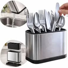 Escorredor Porta Talheres Pia Silver Inox Suporte Quadrado 4 Compartimentos