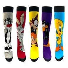 Meias Desenhos Animados Turma Looney Tunes Adulto Unissex Pernalonga, Taz,Patolino, Frajola
