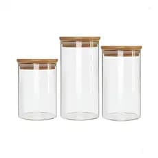 Kit 3 Potes Vidro Hermético C/ Tampa Em Bambu Mantimentos