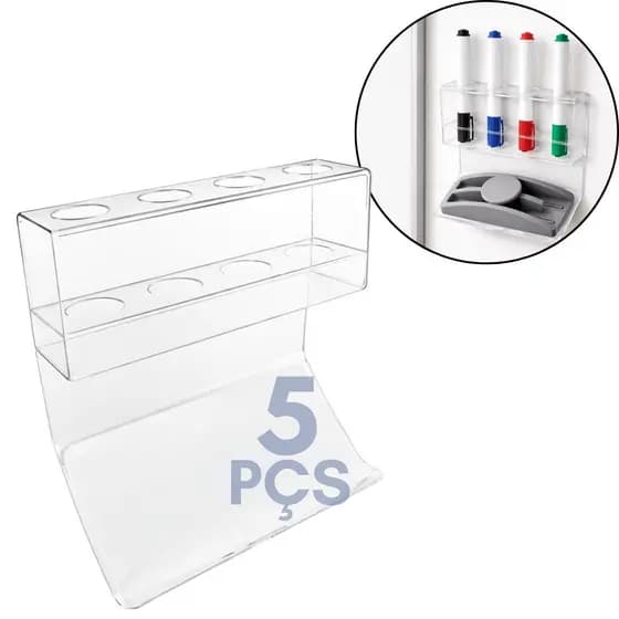 Kit 5 Suporte Porta 4 Canetas 1 Apagador Quadro Branco Acrilico Lousa Branca Professor Sala Aula Canetão