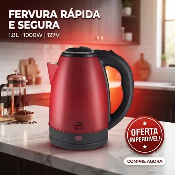 Chaleira Elétrica Inox Vermelha 1.8L 127V Design Premium Fervura Rápida 1000W Cafés Chás Cozinha Elegante