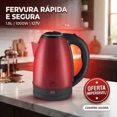 Chaleira Elétrica Inox Vermelha 1.8L 127V Design Premium Fervura Rápida 1000W Cafés Chás Cozinha Elegante