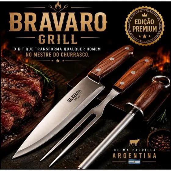 Kit Churrasco Inox Profissional 3 Pecas Cabo Madeira Utensilios Parrilla Churrasqueira
