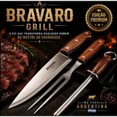 Kit Churrasco Inox Profissional 3 Pecas Cabo Madeira Utensilios Parrilla Churrasqueira