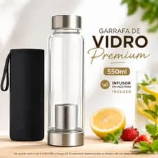 Garrafa de Vidro 550ml com Infusor Inox e Capa Neoprene para Chá Água Detox Sucos Premium