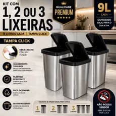 Lixeira 9 Litros Tipo Inox Tampa Click Banheiro Cozinha Escritório Kit 1, 2 ou 3