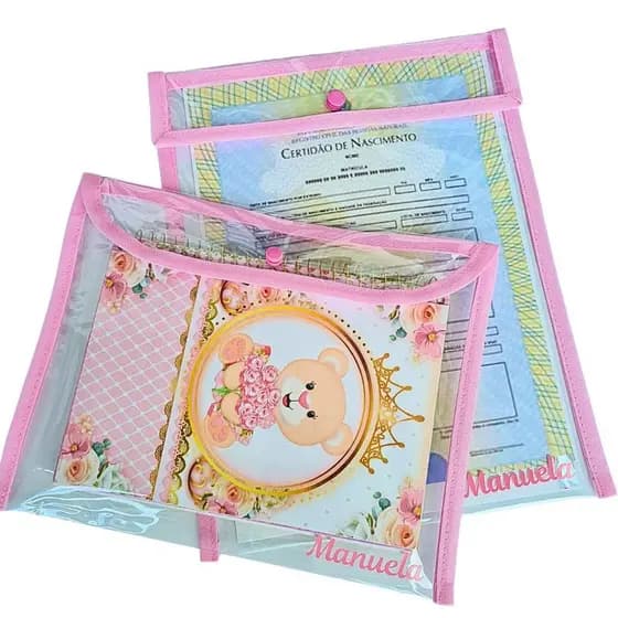 Kit Porta Certidão Pasta Documentos com Capa Plástica para Caderneta de Vacinação Livro do Bebê Personalizado