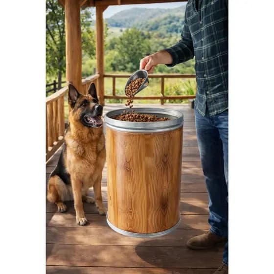 porta ração redondo 15 kg com concha  pá pegador de ração kit barrica tambor ração