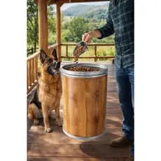 porta ração redondo 15 kg com concha  pá pegador de ração kit barrica tambor ração