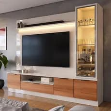 Estante Home 225cm Para TV Até 75” Noble Com Cristaleira LED Porta Reflecta Rack Painel Sala Luxuosa