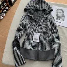 Jaqueta Cardigã Com Capuz Listrada E Manchada Estilo Coreano Lazy-Chic Para Mulheres – Top Primavera/Outono [BL]