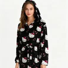 Novo Roupão De Banho Feminino De Flanela Sanrio Black KT Cartoon | Robe De Dormir Com Forro De Lã De Comprimento Médio Q