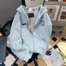 Moletom Xadrez Estilo Coreano Hello Kitty Com Capuz Engrossado E Grande Para Mulheres – Jaqueta Casual De Outono [BL]