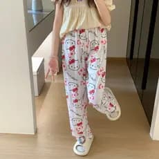Mulheres Verão Bonito Hello Kitty Lounge Calças Soltas Pijamas De Cintura Elástica