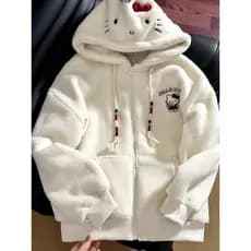 Jaqueta Doce E Fofa Com Capuz Hello Kitty Para Mulheres – Novo Estilo Outono/Inverno Casaco De Algodão Cardigã Solto Mod