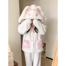 Pijama Com Capuz De Coelho Branco Rosa Fofo De Desenho Animado Para Mulheres – Novo Estilo De Inverno Quente E Espesso C