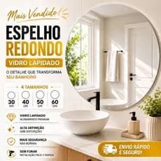 Espelho Redondo 30 40 50 60cm Lapidado Sem Moldura para Banheiro Sala Quarto Fácil de Instalar
