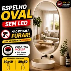 Espelho Oval Sem LED 50x40 e 80x50 Não Precisa Furar Instalação Fácil com Dupla Face Inclusa